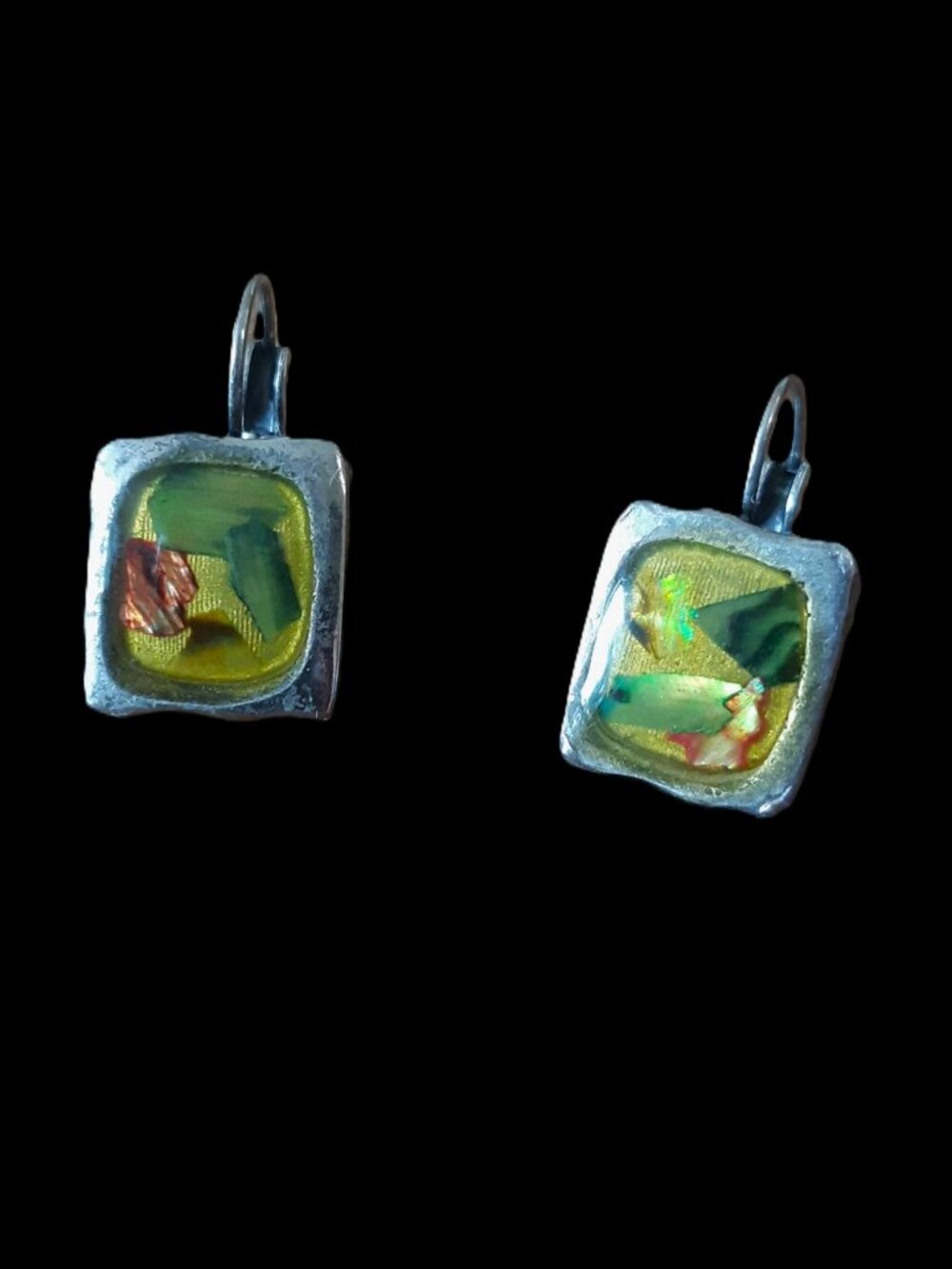 Vintage Artisan Abalone Mosaic / Geometric Inlay Drop Earrings Alpaca Silver